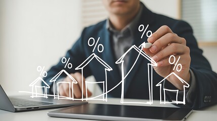 Businessman sketching a rising real estate market graph with percentage symbols housing market