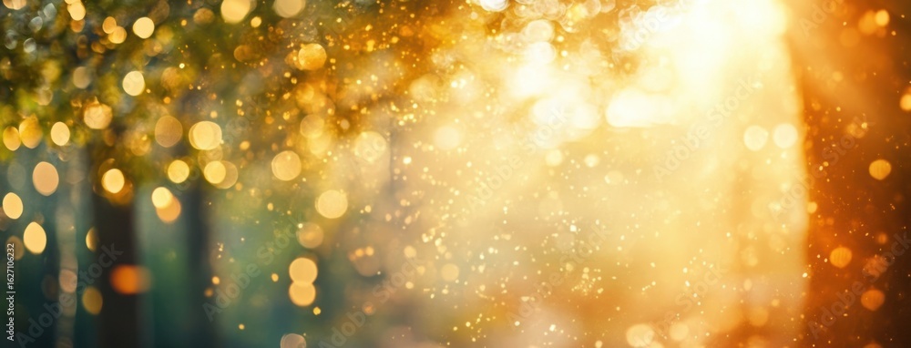 Poster golden sunlight shining through blurred forest with warm glowing bokeh and sparkling dust particles 