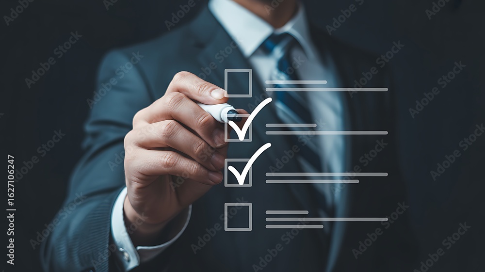 Poster close-up of a person in a suit marking items on a digital checklist with a pen checkmark writing
