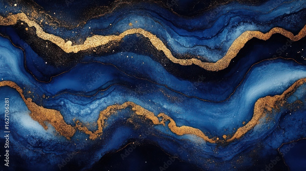 Poster abstract swirling patterns of deep blue and gold with textured lines creating a flowing liquid metal