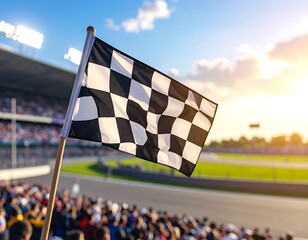 Checkered flag waving over a race track with spectators