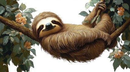 Fototapeta premium A smiling sloth hanging leisurely from tree branches surrounded by green leaves and small orange flowers