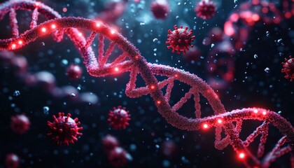 Close-up of a glowing red DNA double helix strand with surrounding red virus-like particles in a dark environment evoking a scientific and medical atmosphere