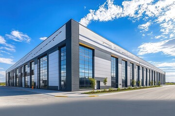 Modern large industrial warehouse building with reflective glass windows and clear blue sky with scattered clouds