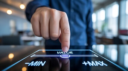 Finger adjusting a value slider on a digital interface with min and max indicators technology