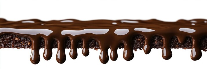 Close-up of melted chocolate dripping down over a rich dark chocolate cake edge, creating a smooth and glossy texture evoking indulgence and sweetness