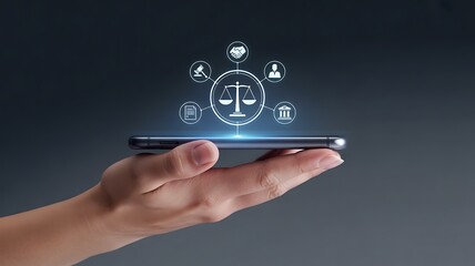 Hand holding smartphone with digital legal justice icons and scales of justice image photo