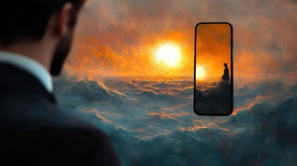 man in suit observing a dramatic ocean sunset scene with turbulent waves and a glowing sun, reflected in a floating smartphone screen showing a silhouette standing on rocks