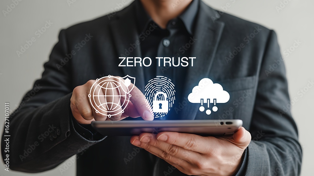 Poster man using tablet with zero trust cybersecurity concept icons data protection network security