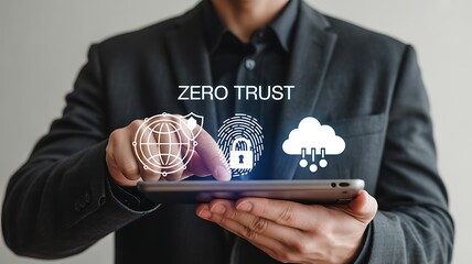 Man using tablet with zero trust cybersecurity concept icons data protection network security