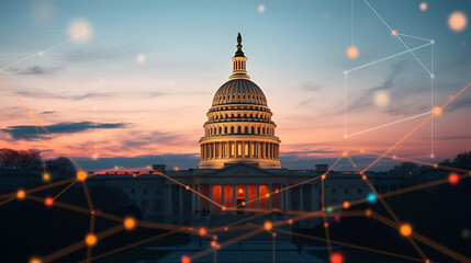 financial data, government building. A digitally enhanced image of the U.S. Capitol building at dusk, surrounded by a network of glowing lines, symbolizing technology and connectivity.