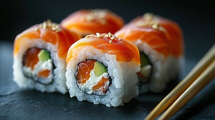Vibrant Salmon Uramaki Rolls with Sesame Seeds on a Dark Slate