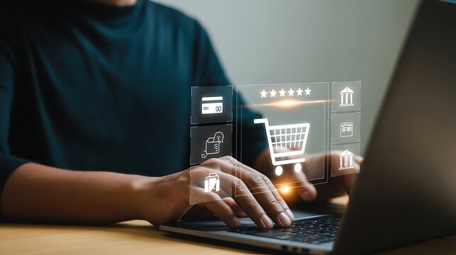 Man's hands typing on laptop with online shopping interface and credit cards e-commerce digital payment