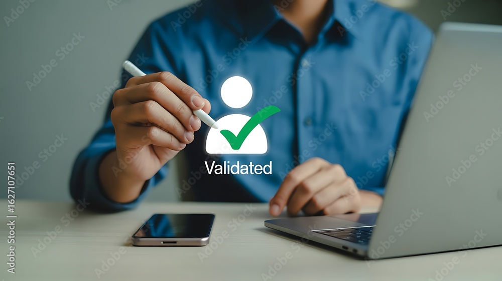 Poster person holding stylus interacting with validated user profile icon and checkmark validation