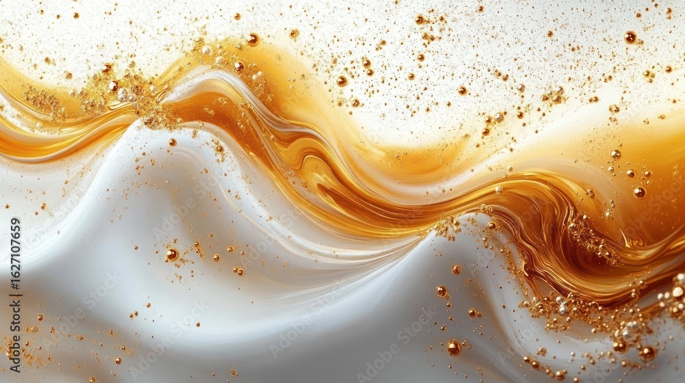 Poster abstract fluid art design with swirling golden and white colors blending smoothly with glittering pa