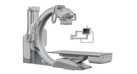 Medical C-Arm Fluoroscopy Imaging System with Table and Monitor in Gray on Transparent Background