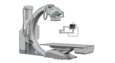 Medical C-Arm Fluoroscopy Imaging System with Table and Monitor in Gray on Transparent Background