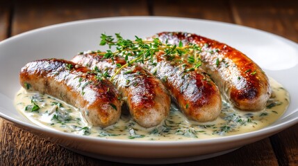 Grilled boudin blanc sausages served with creamy Roquefort sauce on a white plate. Smooth cheese glaze and thyme garnish create a gourmet French dish.