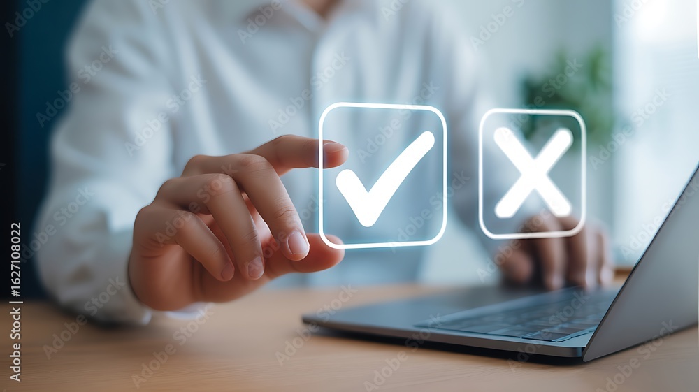 Poster person selecting a checkmark icon on a digital interface next to a cross tick