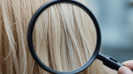 Fototapeta premium Close-up of blonde hair strands being examined by a trichologist through a magnifying glass. Hair care and treatment concept. Design for the healthcare and beauty industry.