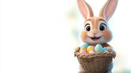 happy cartoon bunny holding a basket filled with colorful decorated Easter eggs on a bright background