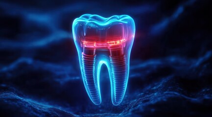 Glowing translucent blue tooth with highlighted red and pink internal structures resembling roots against a dark textured background