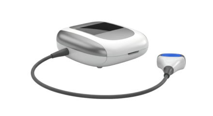 Medical Device in White and Silver Connected by Gray Cable on Transparent Background for Healthcare Technology