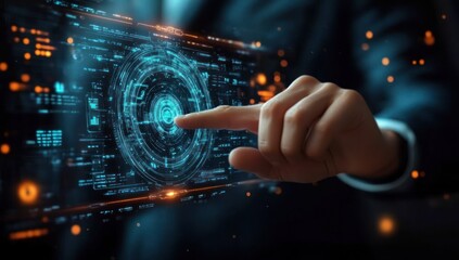 Human hand interacting with futuristic digital touchscreen interface featuring circular data visualization and glowing blue elements