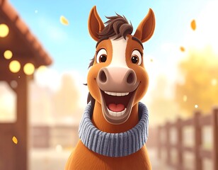 Cheerful cartoon horse with a knit scarf