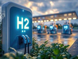 Modern hydrogen fuel station with illuminated h2 pump and multiple charging points under a cloudy sky during twilight