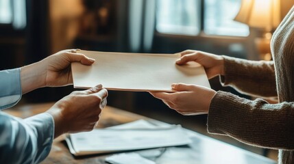 Two people exchanging a document in a warmly lit indoor setting, depicting cooperation and communication