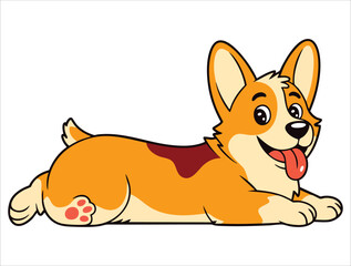 Welsh corgi dog happily running with eyes closed and tongue out in a playful cartoon style illustration isolated on white background