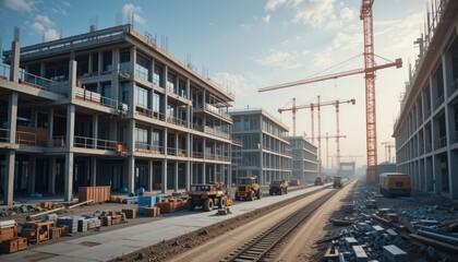 Construction Site: Modern Buildings Under Construction with Cranes