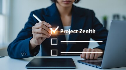 Woman checking off " Project Zenith" on a digital to-do list with a stylus task checklist