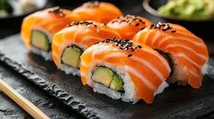 Close-up of Fresh Salmon Sushi Rolls with Avocado, Detailed and Appealing