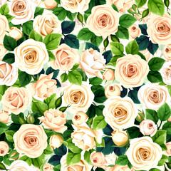 Floral seamless pattern with white rose flowers and green leaves. Vector floral print