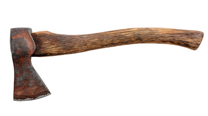 a wooden axe with a rusty handle on a white background