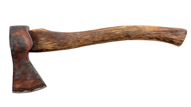 a wooden axe with a rusty handle on a white background