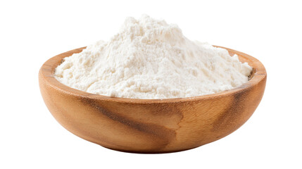 a wooden bowl filled with a pile of flour