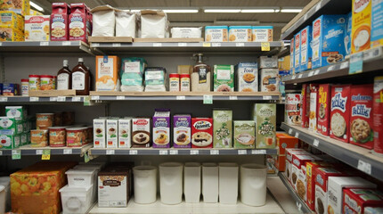 Grocery store shelves stocked with diverse baking ingredients and breakfast items for home cooking enthusiasts