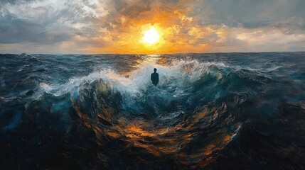 A lone person standing in turbulent ocean waves under a dramatic sunset sky with bright glowing sun and contrasting dark clouds