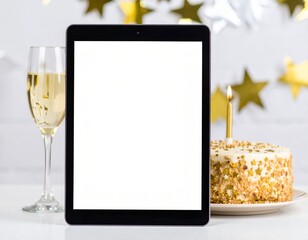 Digital birthday greeting mockup with cake and champagne for festive online celebrations.
