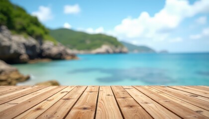 Fototapeta premium Blurred Ocean View from Wooden Deck – Tropical Background
