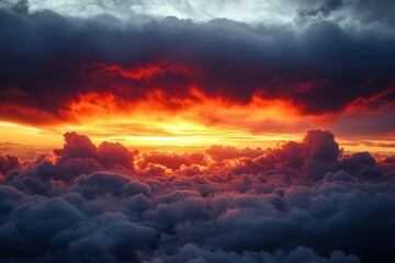 Fototapeta premium Vivid fiery sunset illuminating dramatic layers of dark and fluffy clouds creating a powerful and intense sky scene