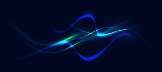 Futuristic blue glowing sound wave abstract dynamic technology background on dark backdrop. Modern vector illustration for banner, poster, digital design