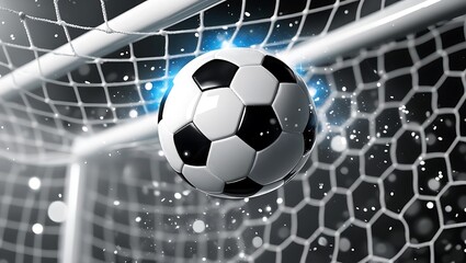 Black and white soccer ball entering goal net with blue glow and particles image