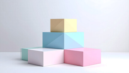 Fototapeta premium Pastel-colored geometric shapes arranged in a tiered display against a plain background.