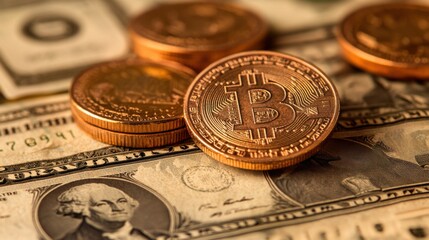 Bitcoin Coins Stacked on United States Currency