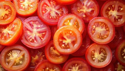 Close-up of fresh red tomato slices showing juicy texture and seeds, creating a vibrant and appetizing display