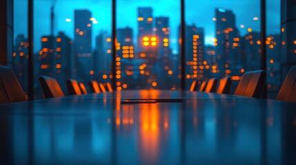 Conference Table and Chairs with Cityscape View at Night